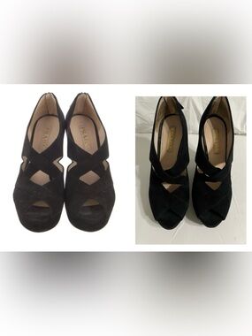 Prada Suede Sandals Black Cutout Accent Slingback Wedge Style Quality Leather